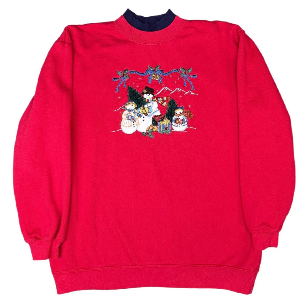 Bobbie Brooks Red Snowman Christmas Sweatshirt Embroidered Holiday Top Size M